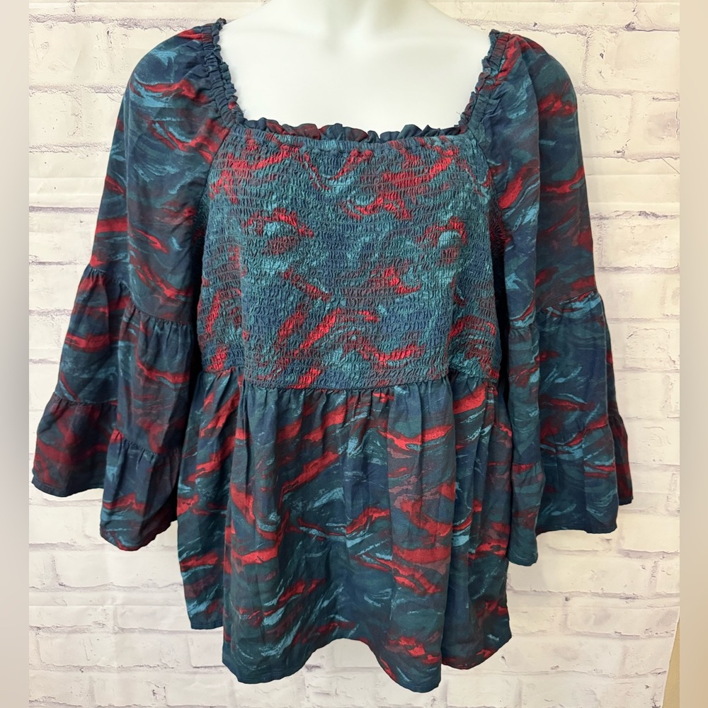 Terra & Sky Bell Sleeve Smock Top Plus Size 2X Animal Mark Rose Wine Boho